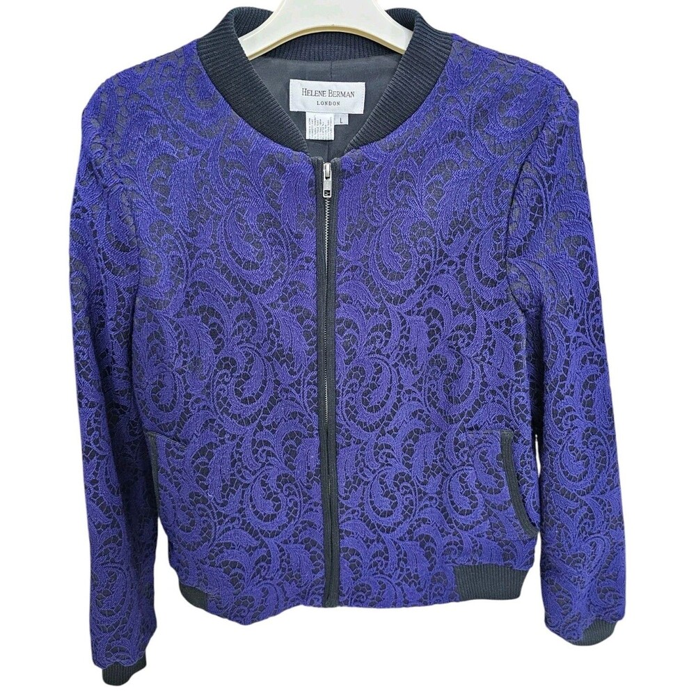 Helene Berman Lace Jacket Womens Large L Bomber Blue Full Zip Pockets